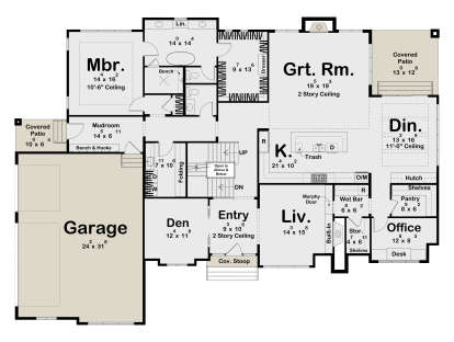 Main Floor: 1BR, 2BA, Grt Rm, Kitchen, Den, Liv, Office, Pantry, Mudroom, Ldry, 3-car garage, 2 Covered Patios, Cov. Stoop. House Plan # 963-01328 Main Floor  Floor Plan Drawing by America's Best House Plans, Inc.