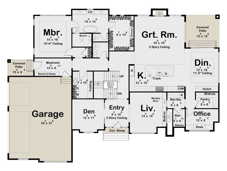 Main Floor: 1BR, 2BA, Grt Rm, Kitchen, Den, Liv, Office, Pantry, Mudroom, Ldry, 3-car garage, 2 Covered Patios, Cov. Stoop. House Plan # 963-01328 Main Floor  Floor Plan Drawing by America's Best House Plans, Inc.
