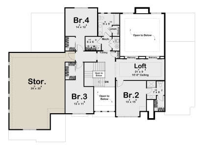 Second Floor: 3BR, 1BA, Loft, Ldry, Mech, Linen closets, stairs, large unheated storage, 2 balconies, open to below areas. House Plan # 963-01328 Second Floor Floor Plan Drawing by America's Best House Plans, Inc.