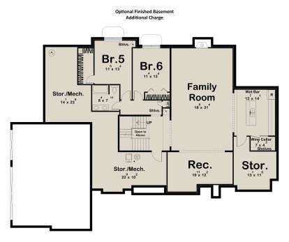 Basement: 2BR, 1BA, Family Room, Rec Room, Wet Bar, Wine Cellar, Stairs, Storage/Mech rooms. Unheated: Storage/Mech areas. House Plan # 963-01328 Basement Floor Plan Drawing by America's Best House Plans, Inc.