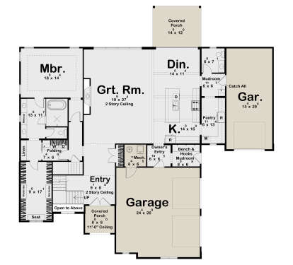 Main Floor: 1BR, 2BA, Grt Rm, Kitchen, Dining, Ldry, Mudroom, 2 Garages, 2 Porches, WIC, 2-story ceilings, fireplace, stairs. House Plan # 963-01329 Main Floor  Floor Plan Drawing by America's Best House Plans, Inc.