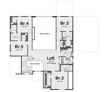 Second Floor: 4 BR, 3 BA, Loft, Ldry, Mech/Storage. WIC, linen closets, stairs, 10' ceiling in loft, open to below. House Plan # 963-01329 Second Floor Floor Plan Drawing by America's Best House Plans, Inc.