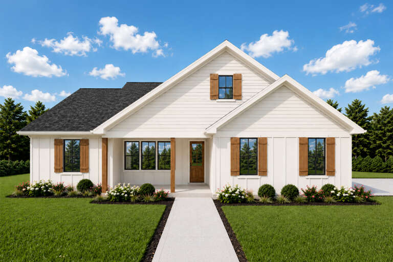 White Modern Farmhouse, Front Elevation with board-and-batten siding, wood shutters, porch posts, and manicured landscaping. House Plan # 2559-01121 Digital Rendering by America's Best House Plans, Inc.
