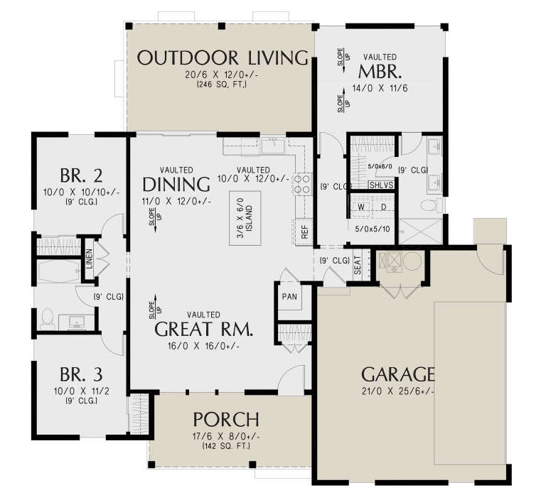 Main Floor: 3BR, 2BA, Vaulted Great Rm, Dining, Kitchen, Ldry, Pantry, 2-car garage, Porch, Outdoor Living. 9' ceilings. House Plan # 2559-01121 Main Floor  Floor Plan Drawing by America's Best House Plans, Inc.