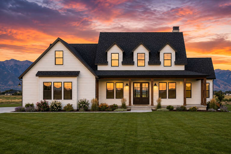 White Modern Farmhouse, Front Elevation at sunset, horizontal siding, dormers, wood porch posts, lit windows, landscaping. House Plan # 7983-00209 Digital Rendering by America's Best House Plans, Inc.