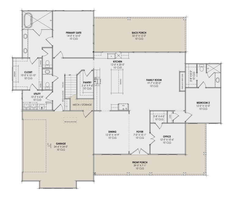 Main Floor: 2BR, 2.5BA, Office, Family, Kitchen, Dining, Pantry, Ldry, 2-car garage, 2 porches, fireplace, 10' ceilings. House Plan # 7983-00209 Main Floor  Floor Plan Drawing by America's Best House Plans, Inc.