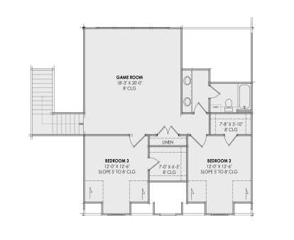 Second Floor: 2 BR, 1 BA, Game Room, stairs, 2 WIC, 2 linen closets. Sloped ceilings in bedrooms. House Plan # 7983-00209 Second Floor Floor Plan Drawing by America's Best House Plans, Inc.