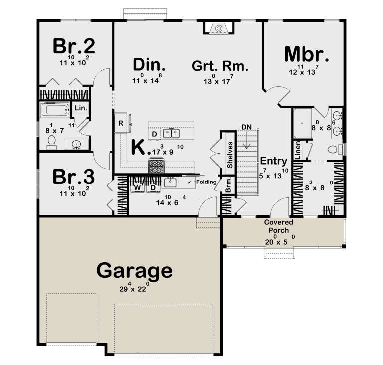 Main Floor: 3BR, 2BA, Grt Rm w/ fireplace, Dining, Kitchen, Ldry, Entry, 2-car garage, Covered Porch, WIC, stairs, shelves. House Plan # 963-01330 Main Floor  Floor Plan Drawing by America's Best House Plans, Inc.