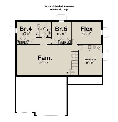 Basement: 2 BR, 1 BA, Family room, Flex room, Mechanical room, stairs, linen closet, bedroom closets. House Plan # 963-01330 Basement Floor Plan Drawing by America's Best House Plans, Inc.