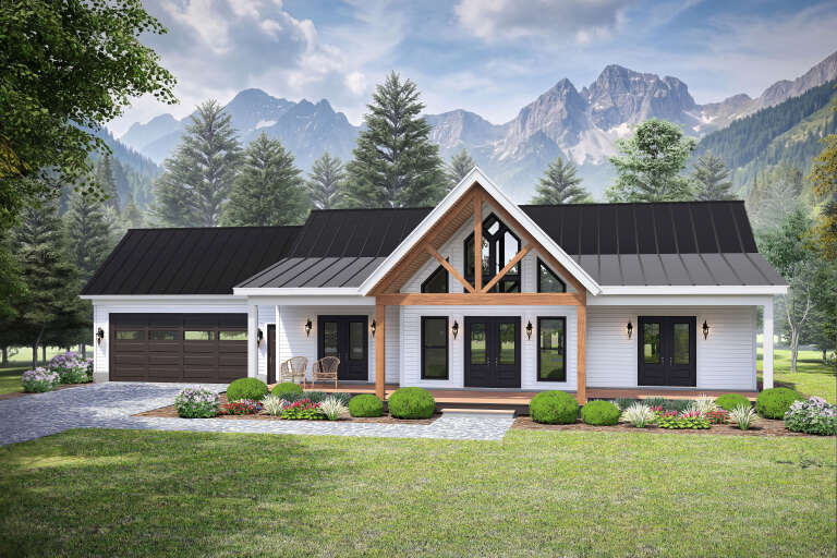 White Modern Farmhouse, Angled Front Elevation, metal roof, timber gable, black trim, porch seating, mountain backdrop. House Plan # 940-01474 Digital Rendering by America's Best House Plans, Inc.