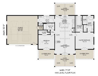 Main Floor: 2BR, 2BA, Vaulted Great Room w/ stove, Vaulted Kitchen, Ldry, 2-car garage, 2 Covered Decks, 2 Vaulted Porches. House Plan # 940-01474 Main Floor  Floor Plan Drawing by America's Best House Plans, Inc.