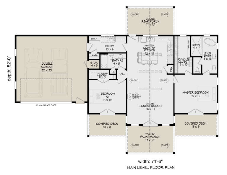 Main Floor: 2BR, 2BA, Vaulted Great Room w/ stove, Vaulted Kitchen, Ldry, 2-car garage, 2 Covered Decks, 2 Vaulted Porches. House Plan # 940-01474 Main Floor  Floor Plan Drawing by America's Best House Plans, Inc.