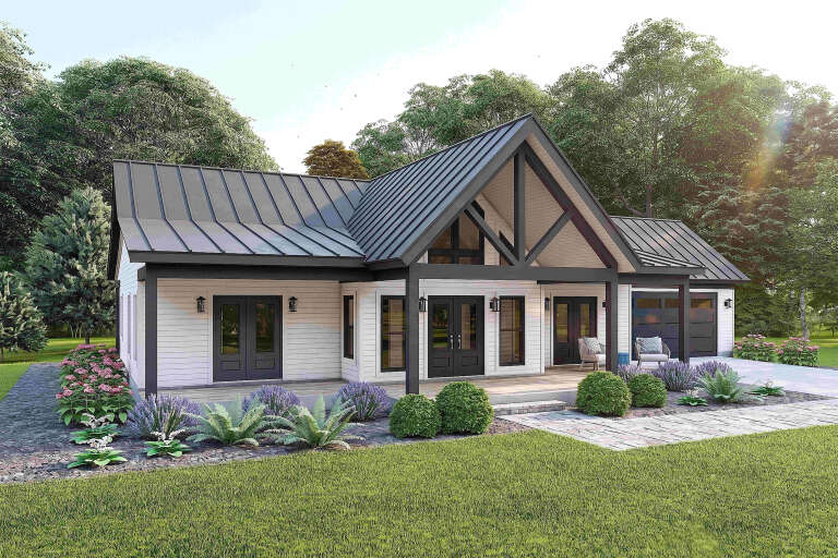 White Modern Farmhouse, Angled Front Elevation, metal roof, wood porch, black trim, lantern lights, lush landscaping. House Plan # 940-01475 Digital Rendering by America's Best House Plans, Inc.
