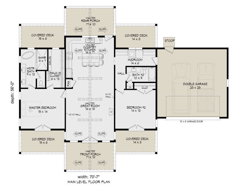 Main Floor: 2BR, 2BA, Vaulted Great Rm & Kitchen, Mudroom, 2-car garage, 2 Porches, 4 Covered Decks, WIC. 10' walls. House Plan # 940-01475 Main Floor  Floor Plan Drawing by America's Best House Plans, Inc.