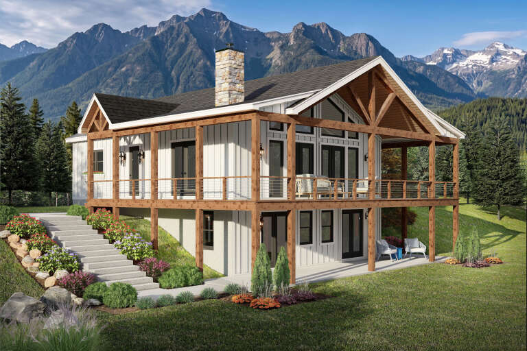 White Craftsman, Angled Front Elevation with stone chimney, timber frame porch, board-and-batten siding, and floral lawn. House Plan # 940-01476 Digital Rendering by America's Best House Plans, Inc.