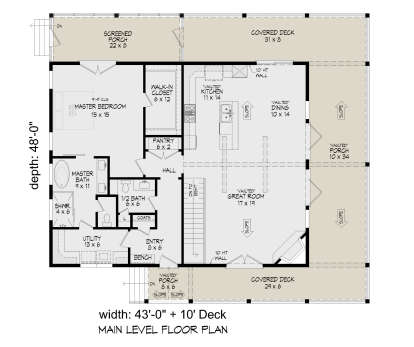 Main Floor: 1BR, 1.5BA, Vaulted Great Rm/Dining/Kitchen, Pantry, Utility, WIC, Stairs, 3 Porches, 2 Covered Decks, Fireplace. House Plan # 940-01476 Main Floor  Floor Plan Drawing by America's Best House Plans, Inc.