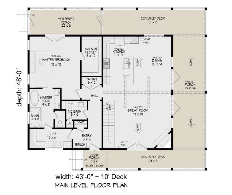 Main Floor: 1BR, 1.5BA, Vaulted Great Rm/Dining/Kitchen, Pantry, Utility, WIC, Stairs, 3 Porches, 2 Covered Decks, Fireplace. House Plan # 940-01476 Main Floor  Floor Plan Drawing by America's Best House Plans, Inc.
