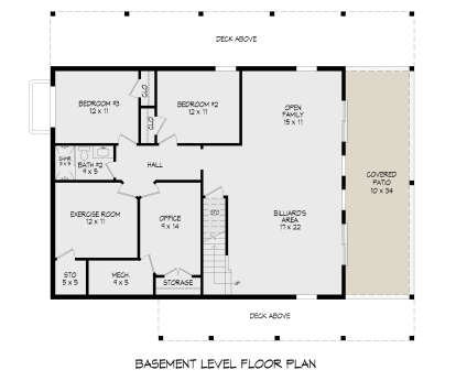 Basement: 2BR, 1BA, Family, Billiard area, Exercise room, Office, Mech, Storage, Stairs, Covered Patio. Unheated: Patio area. House Plan # 940-01476 Basement Floor Plan Drawing by America's Best House Plans, Inc.