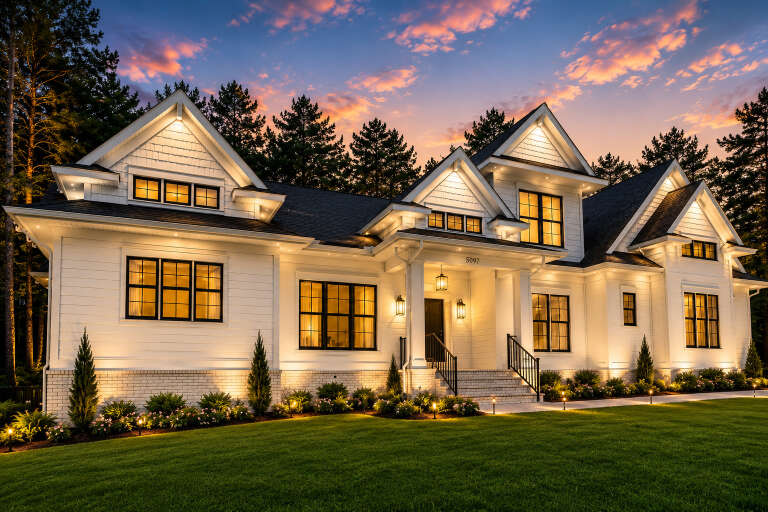 White Craftsman, Angled Front Elevation at Dusk, board-and-batten siding, brick base, lit lanterns, and landscaping. House Plan # 6102-00009 Digital Rendering by America's Best House Plans, Inc.