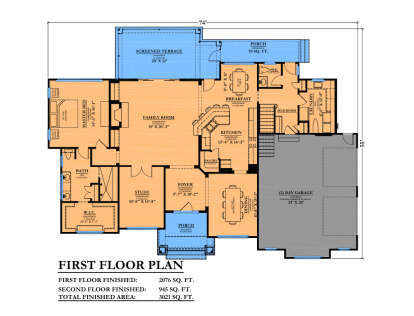 Main Floor: 1BR, 1.5BA, Study, Family, Kitchen, Brkfst, Dining, Ldry, Mud, 2-car garage, WIC, Pantry, Porch, Screened Terrace. House Plan # 6102-00009 Main Floor  Floor Plan Drawing by America's Best House Plans, Inc.