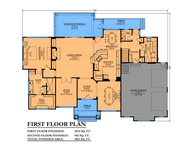 Main Floor: 1BR, 1.5BA, Study, Family, Kitchen, Brkfst, Dining, Ldry, Mud, 2-car garage, WIC, Pantry, Porch, Screened Terrace. House Plan # 6102-00009 Main Floor  Floor Plan Drawing by America's Best House Plans, Inc.