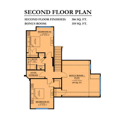 Second Floor: 2BR, 1BA, Bonus/Flex room, attic storage, stairs. 9' ceilings, clipped ceiling in bonus room. House Plan # 6102-00009 Second Floor Floor Plan Drawing by America's Best House Plans, Inc.