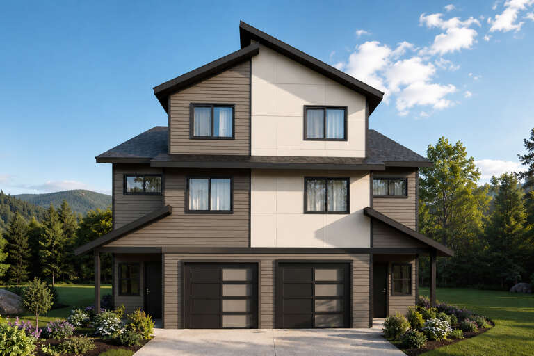 Taupe and cream Modern Front Elevation, horizontal siding, panel accents, dual garage doors, and lush garden landscaping. House Plan # 035-01238 Digital Rendering by America's Best House Plans, Inc.