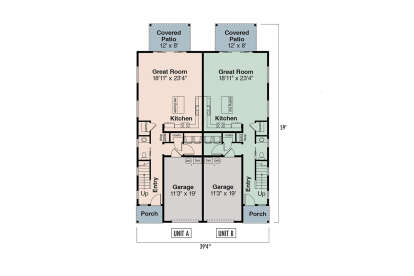 Main Floor: Duplex, 2 Great Rooms, 2 Kitchens, 2 Half BA, 2 Garages, 2 Porches, 2 Covered Patios, Stairs, Pantry, Coats. House Plan # 035-01238 Main Floor  Floor Plan Drawing by America's Best House Plans, Inc.