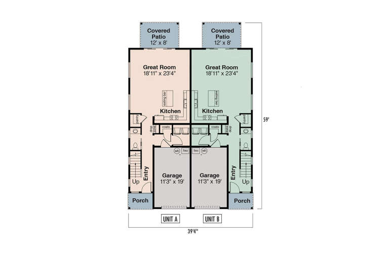 Main Floor: Duplex, 2 Great Rooms, 2 Kitchens, 2 Half BA, 2 Garages, 2 Porches, 2 Covered Patios, Stairs, Pantry, Coats. House Plan # 035-01238 Main Floor  Floor Plan Drawing by America's Best House Plans, Inc.