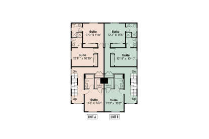 Second Floor: 6 BR, 6 BA, 2 WIC, 2 sets of stairs. Duplex layout with 3 suites per unit, each with private bath. House Plan # 035-01238 Second Floor Floor Plan Drawing by America's Best House Plans, Inc.