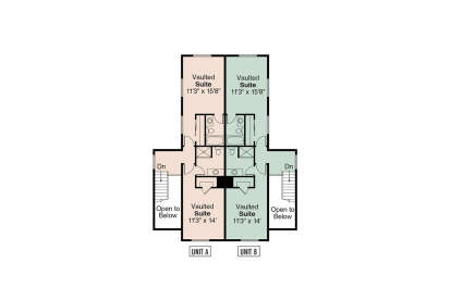 Third Floor: 4 Vaulted Suites, 4 BA, 2 sets of stairs, 2 Open to Below areas. Dual unit floor plan. House Plan # 035-01238 Third Floor Floor Plan Drawing by America's Best House Plans, Inc.