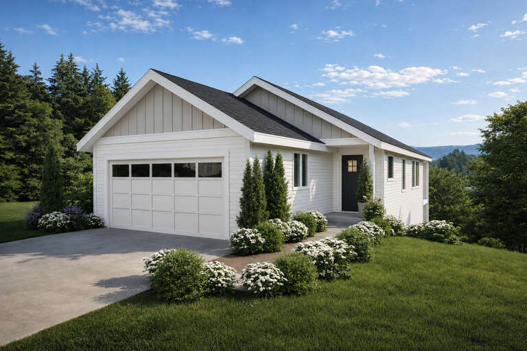 White Country, Angled Front Elevation, horizontal siding, board-and-batten gables, dark door, concrete drive, landscaping. House Plan # 035-01239 Digital Rendering by America's Best House Plans, Inc.