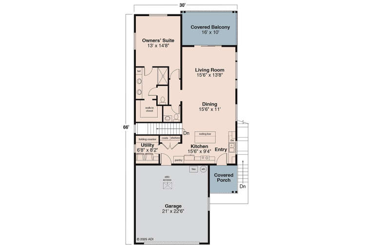 Main Floor: 1BR, 1.5BA, Living, Dining, Kitchen, Utility, WIC, Pantry. 2-car garage, stairs, covered porch, covered balcony. House Plan # 035-01239 Main Floor  Floor Plan Drawing by America's Best House Plans, Inc.