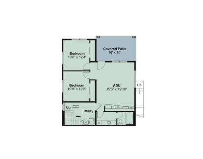 Lower Level: 2BR, 1BA, ADU living area, kitchen, utility room, stairs, covered patio. Unheated: covered patio area. House Plan # 035-01239 Lower Level Floor Plan Drawing by America's Best House Plans, Inc.