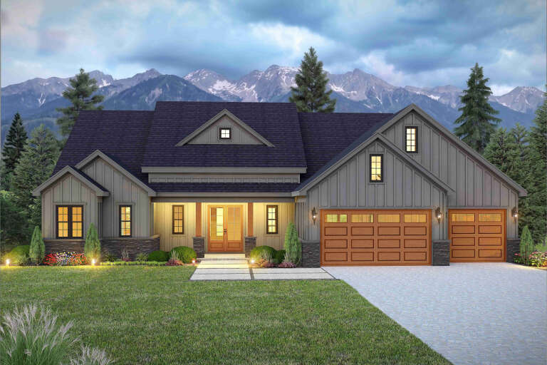 Grey Modern Farmhouse, Front Elevation, board-and-batten siding, stone base, wood garage doors, lit porch, mountain view. House Plan # 940-01477 Digital Rendering by America's Best House Plans, Inc.
