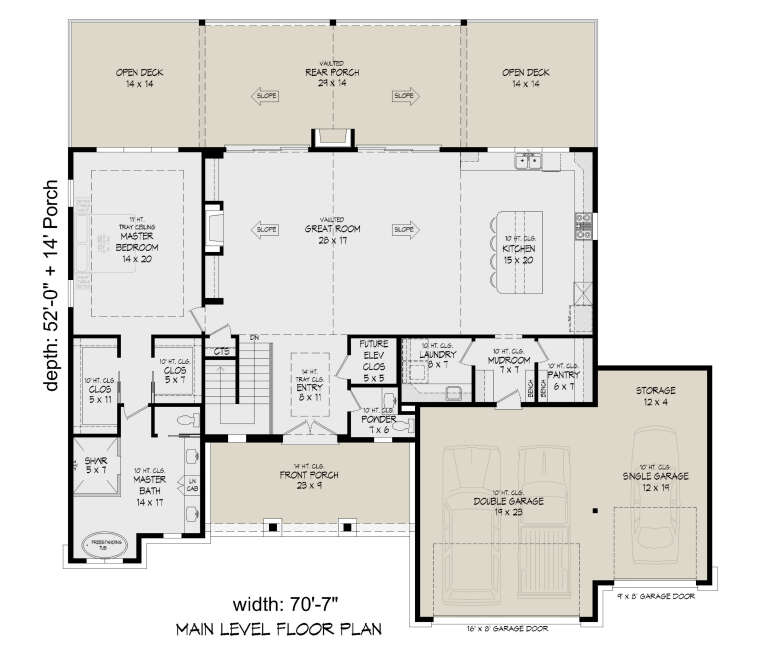 Main Floor: 1BR, 1.5BA, Vaulted Great Rm, Kitchen, Pantry, Ldry, Mudroom, 3-car garage, 2 Decks, 2 Porches, Tray ceilings. House Plan # 940-01477 Main Floor  Floor Plan Drawing by America's Best House Plans, Inc.