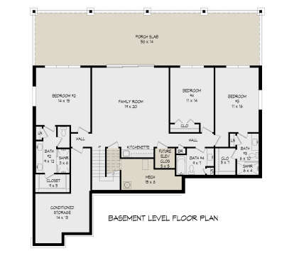 Basement: 3BR, 2BA, Family, Kitchenette, Mech, Conditioned Storage, Future Elev, Closets, Stairs. Unheated: Porch slab. House Plan # 940-01477 Basement Floor Plan Drawing by America's Best House Plans, Inc.