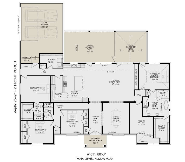 Main Floor: 3BR, 2.5BA, Great Rm, Dining, Kitchen, Office, Ldry, 2-car garage, WIC, Vaulted Patio/Porch, Tray Mstr ceiling. House Plan # 940-01478 Main Floor  Floor Plan Drawing by America's Best House Plans, Inc.