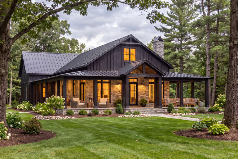Black Barndominium, Angled Front Elevation, board-and-batten, stone accents, metal roof, lit porch, lush landscaping. House Plan # 041-00457 Digital Rendering by America's Best House Plans, Inc.