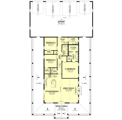 Main Floor: 3BR, 2BA, Great Room, Kitchen/Dining, Ldry, WIC, 4-car garage, Front Porch, side decks, fireplace, 14' ceilings. House Plan # 041-00457 Main Floor  Floor Plan Drawing by America's Best House Plans, Inc.