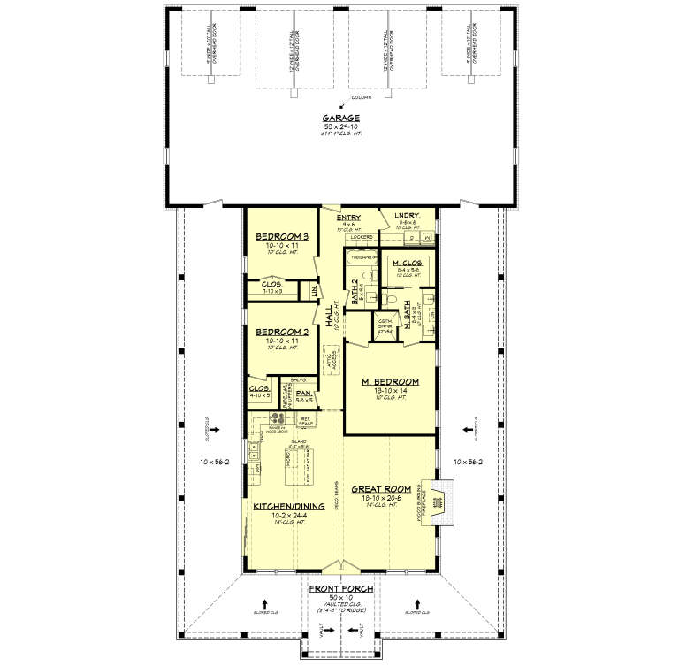 Main Floor: 3BR, 2BA, Great Room, Kitchen/Dining, Ldry, WIC, 4-car garage, Front Porch, side decks, fireplace, 14' ceilings. House Plan # 041-00457 Main Floor  Floor Plan Drawing by America's Best House Plans, Inc.