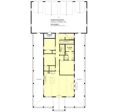 Main Floor w/ Basement Stairs: 2BR, 2BA, Kitchen, Living, Fireplace, Storage, WIC, 3-car garage, 2 wrap-around Porches. House Plan # 041-00457 Main Floor w/ Basement Stairs Location Floor Plan Drawing by America's Best House Plans, Inc.