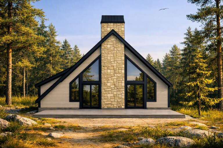 Tan A-Frame, Angled Front Elevation, stone chimney, horizontal siding, black trim, large windows, concrete patio, forest. House Plan # 2524-00007 Digital Rendering by America's Best House Plans, Inc.