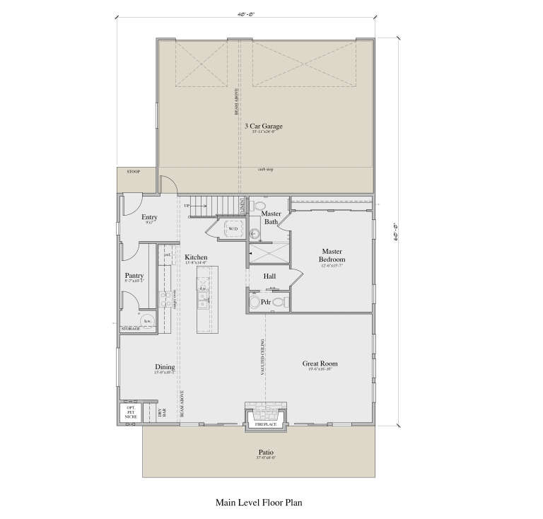 Main Floor: 1BR, 1.5BA, Great Room, Kitchen, Dining, Pantry, Ldry, 3-car garage, Stoop, Patio, Fireplace, Vaulted Ceiling. House Plan # 2524-00007 Main Floor  Floor Plan Drawing by America's Best House Plans, Inc.