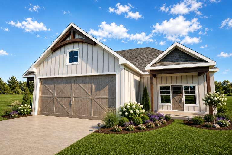 Grey Modern Farmhouse, Angled Front Elevation, vertical board-and-batten siding, wood accents, concrete drive, green lawn. House Plan # 3532-00001 Digital Rendering by America's Best House Plans, Inc.