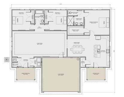 Main Floor: 3BR, 2BA, Living, Dining, Kitchen, Pantry, Ldry, 2-car garage, 2 Patios, WIC. Unheated: garage, 2 patios. House Plan # 3532-00001 Main Floor  Floor Plan Drawing by America's Best House Plans, Inc.