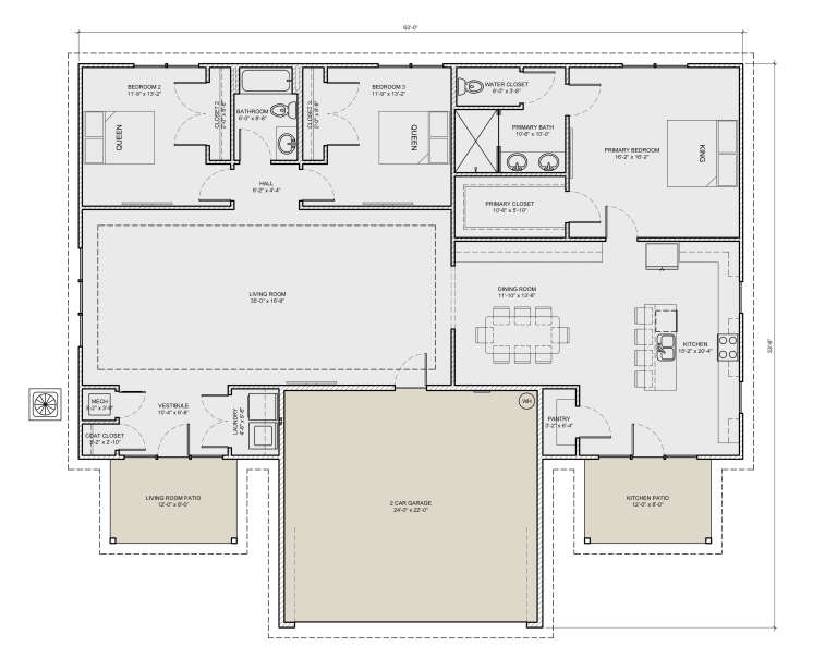 Main Floor: 3BR, 2BA, Living, Dining, Kitchen, Pantry, Ldry, 2-car garage, 2 Patios, WIC. Unheated: garage, 2 patios. House Plan # 3532-00001 Main Floor  Floor Plan Drawing by America's Best House Plans, Inc.