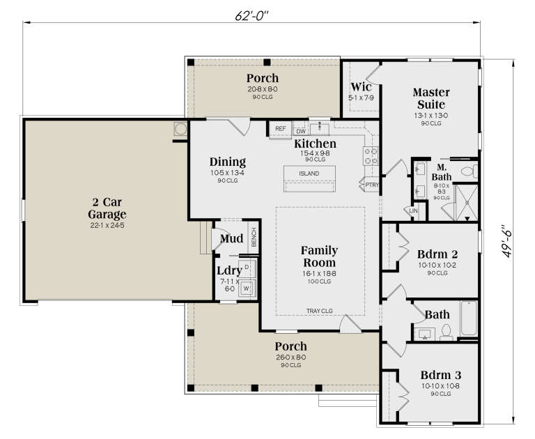 Main floor plan drawing with 3BR, 2BA, kitchen, family room with tray ceiling, 2-car garage, Ldry, mudroom, and 2 porches. House Plan # 009-00539