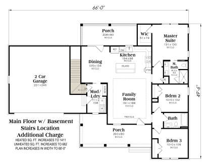 Main floor plan drawing with 3BR, 2BA, kitchen, family room with tray ceiling, mud/Ldry, 2-car garage, 2 porches, and stairs. House Plan # 009-00539