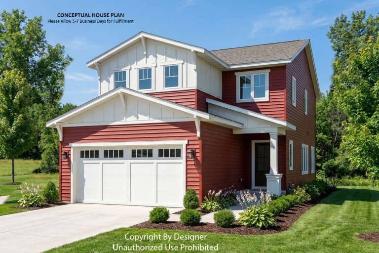 Red Modern Farmhouse, Angled Front Elevation, horizontal siding, white trim, garage, porch, and landscaped garden beds. House Plan # 098-00703 Digital Rendering by America's Best House Plans, Inc.